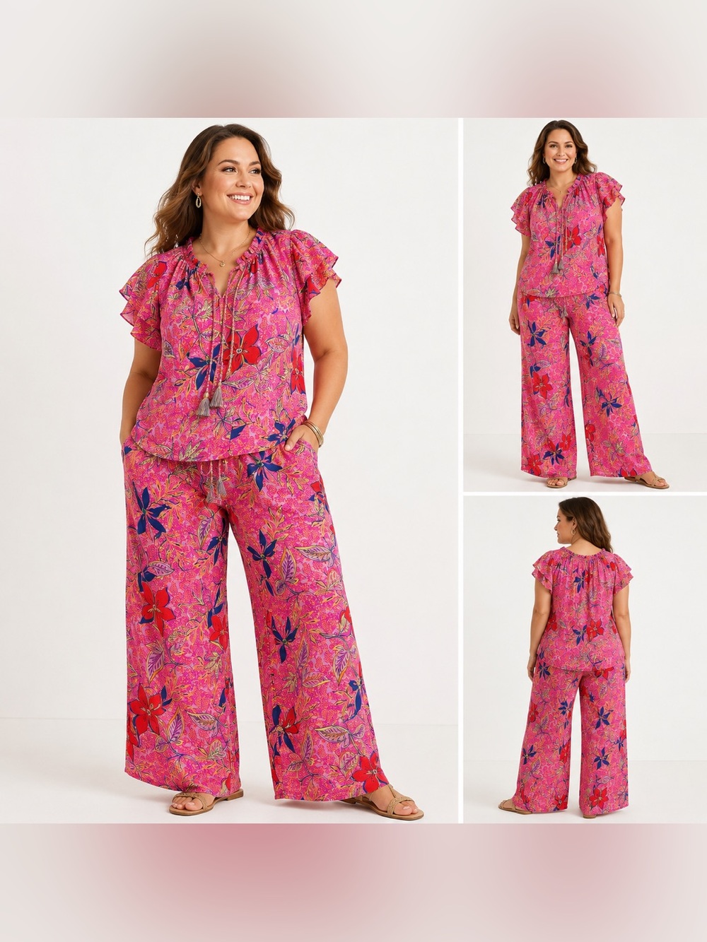 Rose + Olive Floral Matching Set Pink Blouse Size XL & Pants Size L
